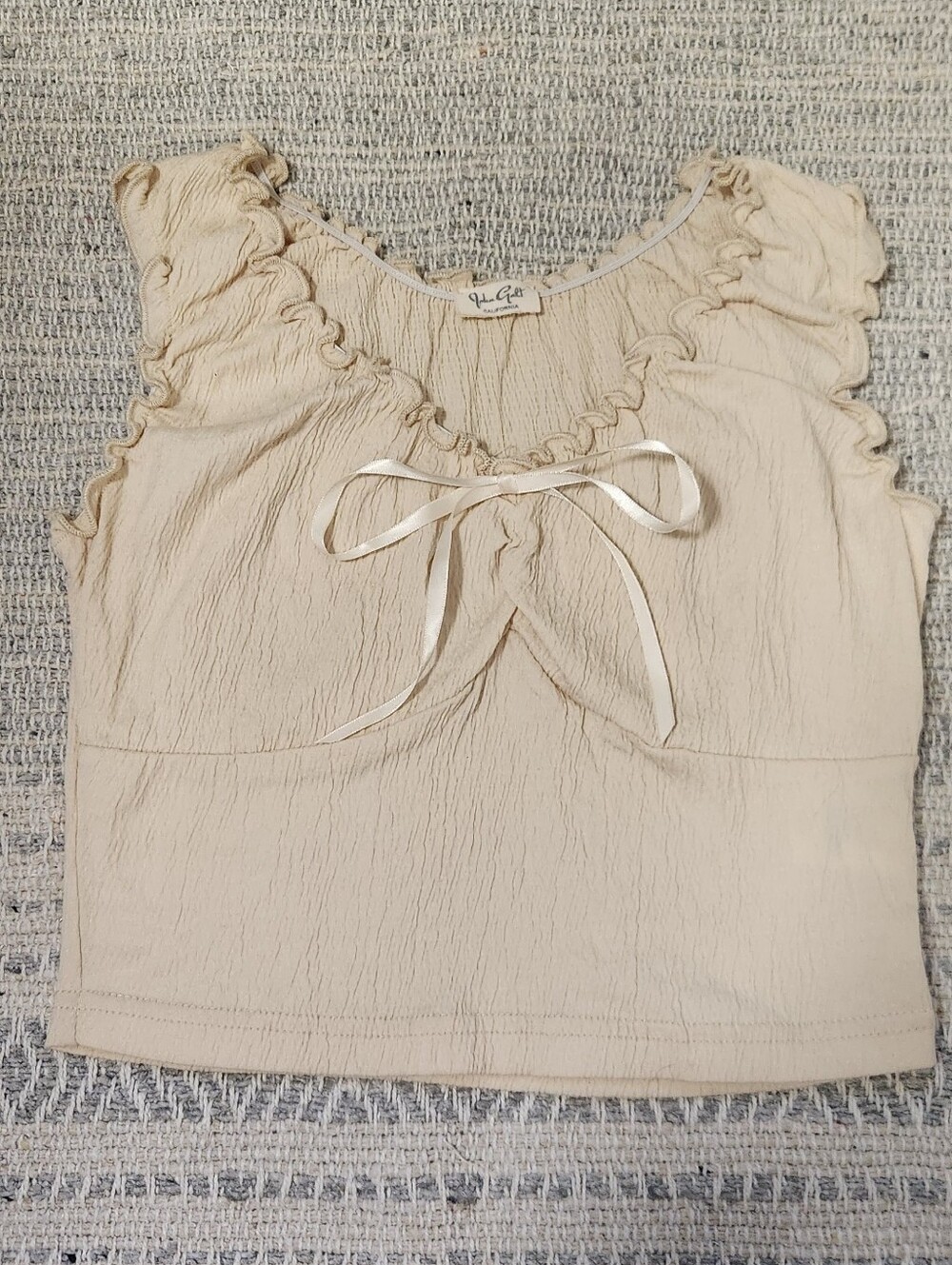John Galt/ Brandy Melville Cream Ruffle Bow Front Crop Top